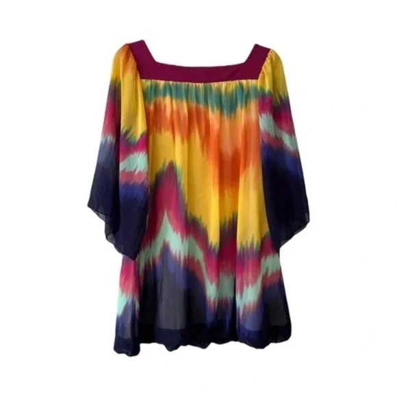 Boston Proper | Multicolored Bubble Hem Square Neck Tunic Blouse, Medium - Picture 2 of 5